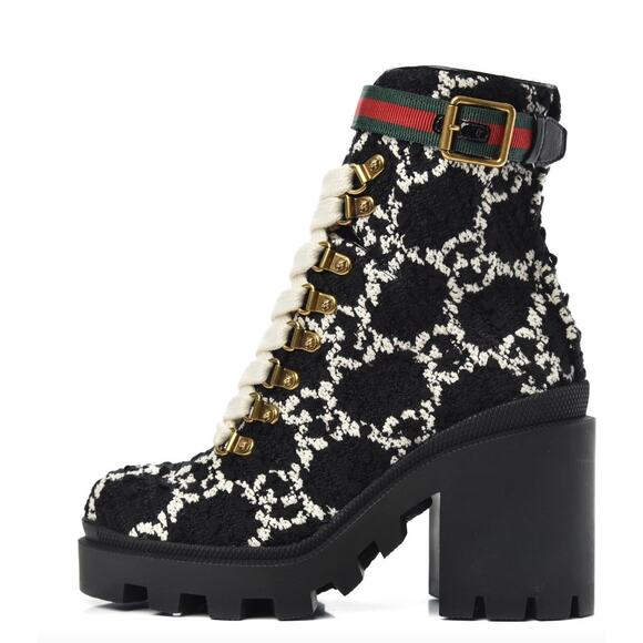 Gucci Tweed GG Monogram Lace Up Combat Ankle Boots - Picture 3 of 15